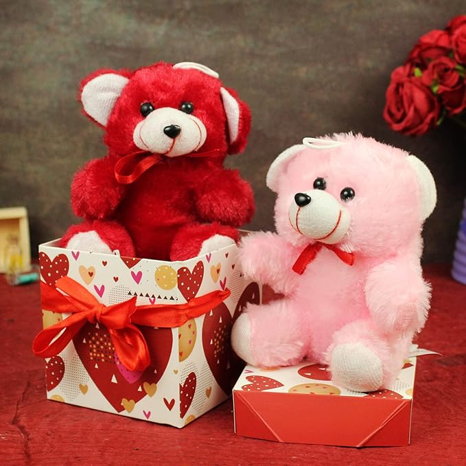 TIED RIBBONS Valentine Gift Set – Set of 2 Cute Teddy Bears with Box Hamper | Perfect Couple Gift