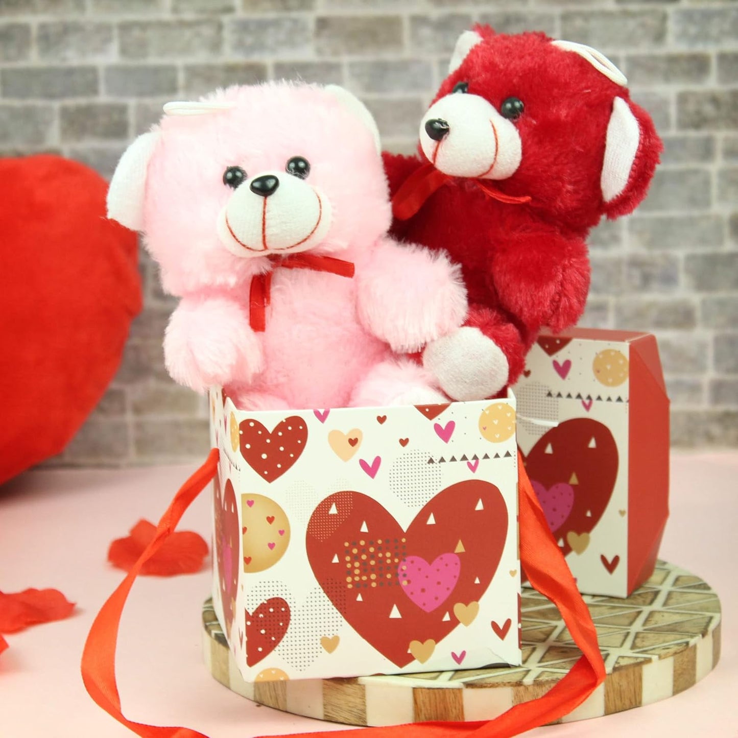 TIED RIBBONS Valentine Gift Set – Set of 2 Cute Teddy Bears with Box Hamper | Perfect Couple Gift