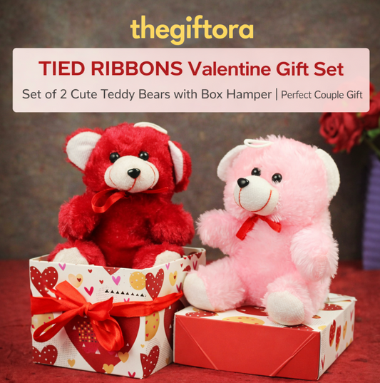 TIED RIBBONS Valentine Gift Set – Set of 2 Cute Teddy Bears with Box Hamper | Perfect Couple Gift